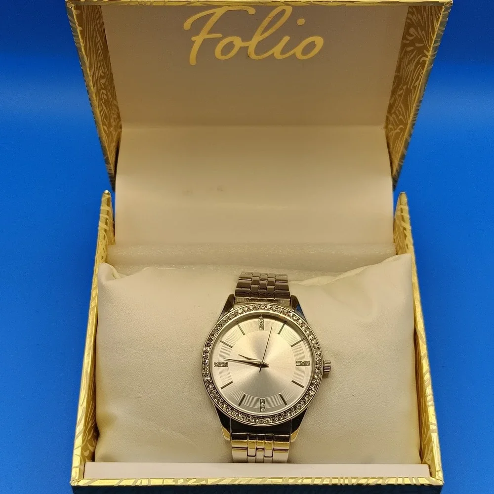 Vintage‎ Folio 38mm Women's Quartz Fashion Watch Rhinestone Bezel New W/ Box